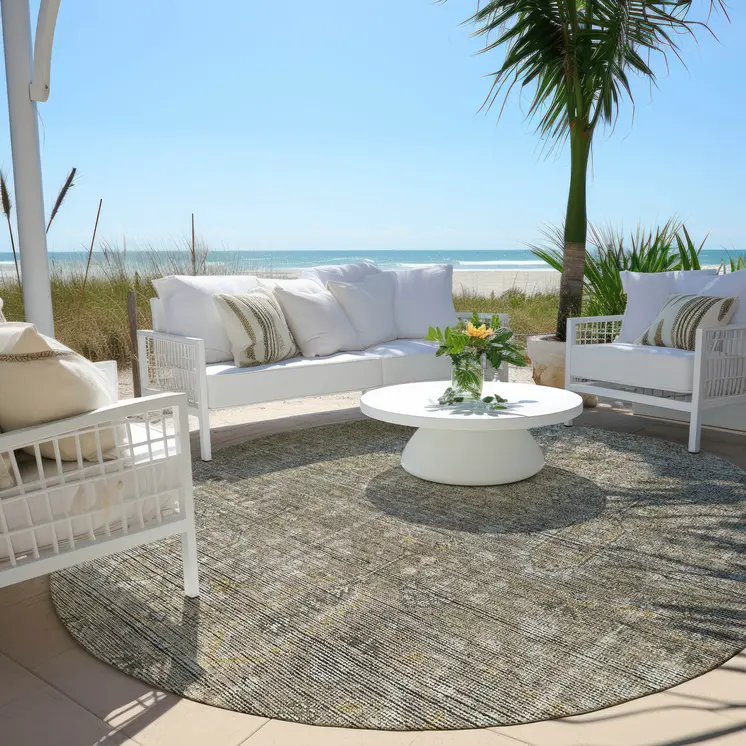 8' Taupe Gray And Beige Round Southwestern Washable Indoor Outdoor Area Rug