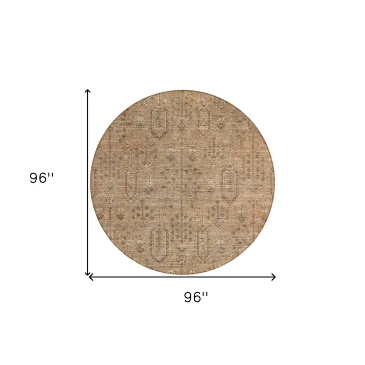 8' Terra Cotta And Copper Round Southwestern Washable Indoor Outdoor Area Rug