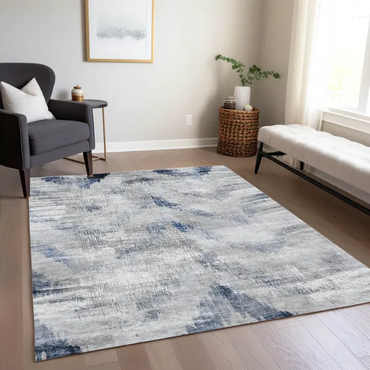 3' X 5' Gray Silver And Blue Abstract Washable Indoor Outdoor Area Rug