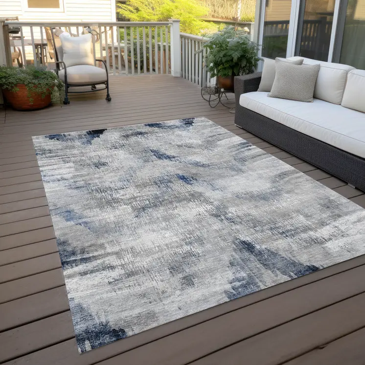 3' X 5' Gray Silver And Blue Abstract Washable Indoor Outdoor Area Rug