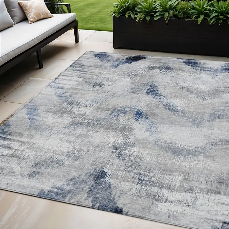 5' X 8' Gray Silver And Blue Abstract Washable Indoor Outdoor Area Rug