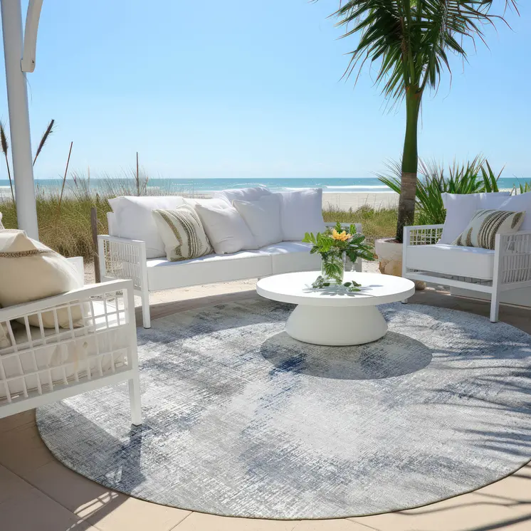 8' Gray Silver And Blue Round Abstract Washable Indoor Outdoor Area Rug
