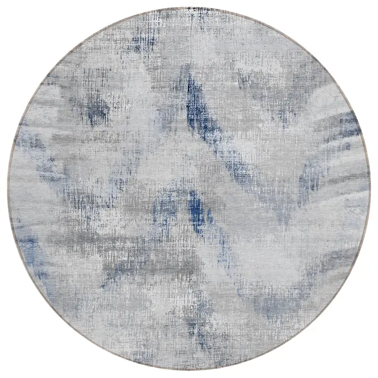 8' Gray Silver And Blue Round Abstract Washable Indoor Outdoor Area Rug