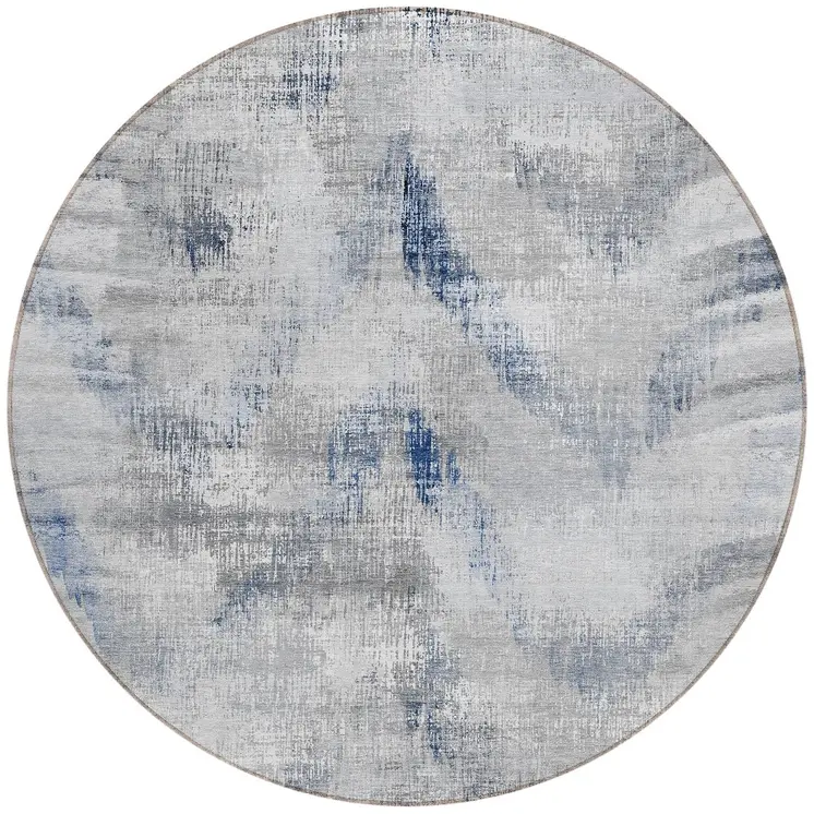 8' Gray Silver And Blue Round Abstract Washable Indoor Outdoor Area Rug