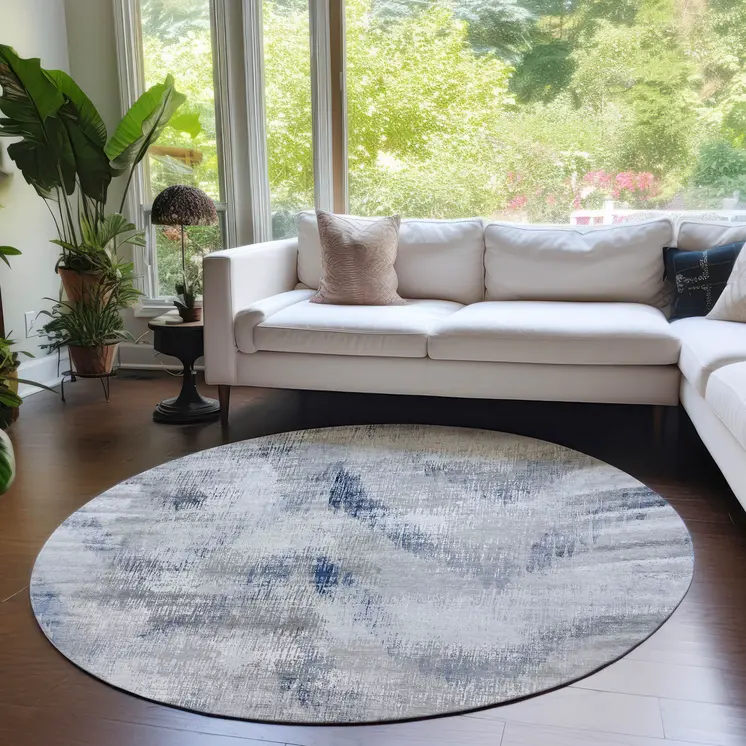8' Gray Silver And Blue Round Abstract Washable Indoor Outdoor Area Rug