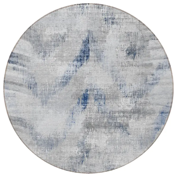 8' Gray Silver And Blue Round Abstract Washable Indoor Outdoor Area Rug