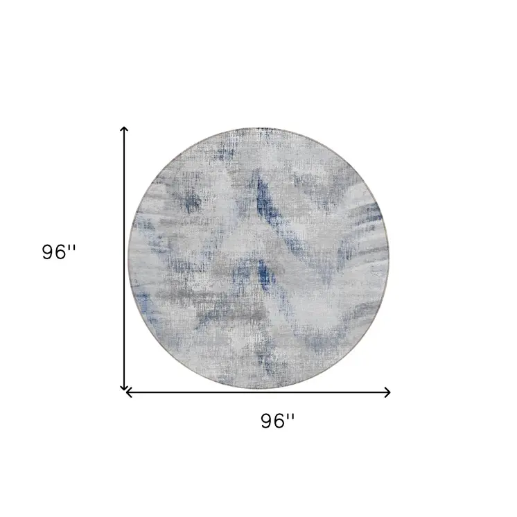 8' Gray Silver And Blue Round Abstract Washable Indoor Outdoor Area Rug
