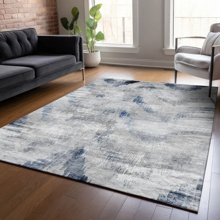 10' X 14' Gray Silver And Blue Abstract Washable Indoor Outdoor Area Rug
