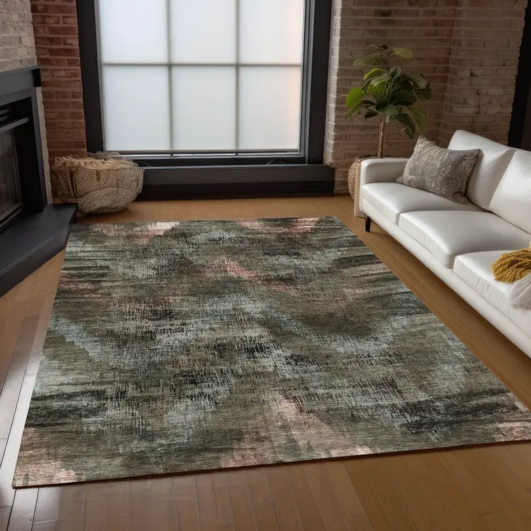 3' X 5' Brown Taupe And Salmon Abstract Washable Indoor Outdoor Area Rug