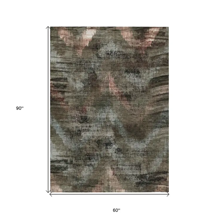 5' X 8' Brown Taupe And Salmon Abstract Washable Indoor Outdoor Area Rug