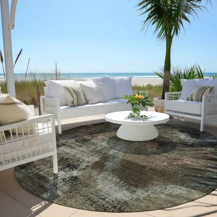 8' Brown Taupe And Salmon Round Abstract Washable Indoor Outdoor Area Rug