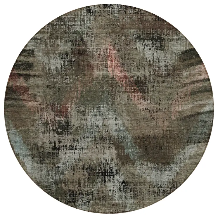 8' Brown Taupe And Salmon Round Abstract Washable Indoor Outdoor Area Rug