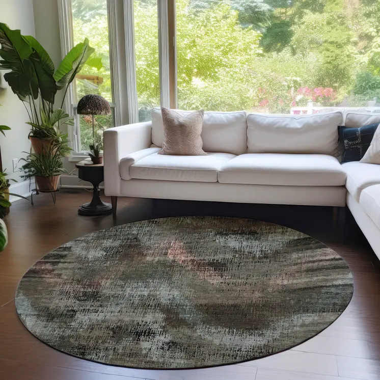 8' Brown Taupe And Salmon Round Abstract Washable Indoor Outdoor Area Rug