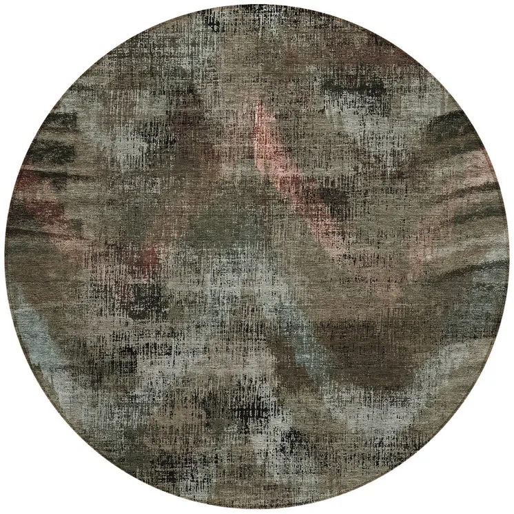 8' Brown Taupe And Salmon Round Abstract Washable Indoor Outdoor Area Rug