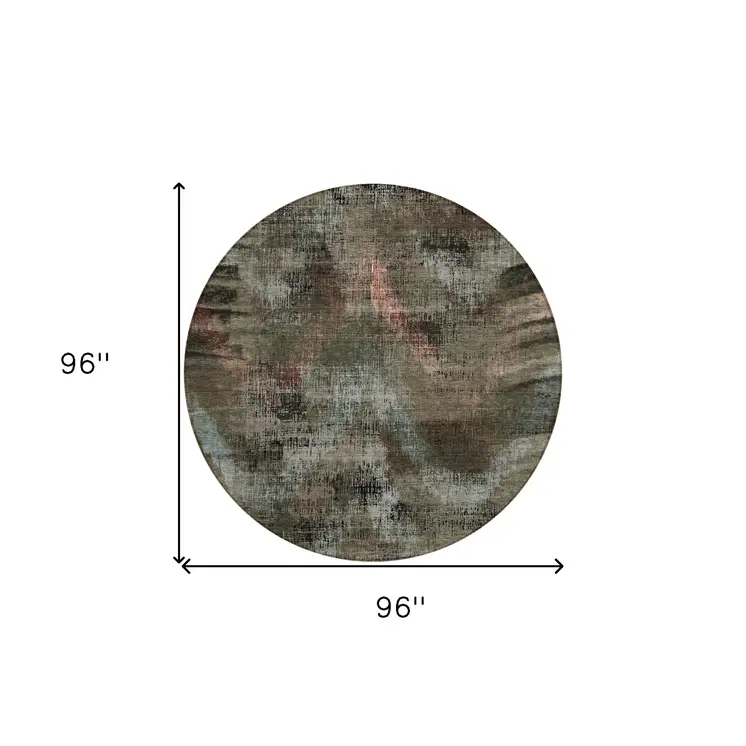8' Brown Taupe And Salmon Round Abstract Washable Indoor Outdoor Area Rug