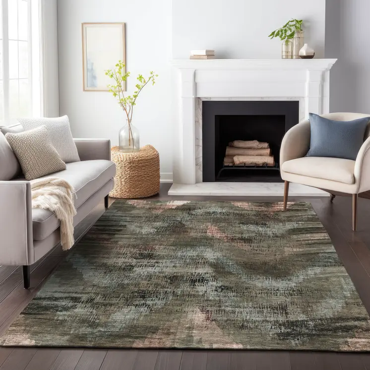 9' X 12' Brown Taupe And Salmon Abstract Washable Indoor Outdoor Area Rug
