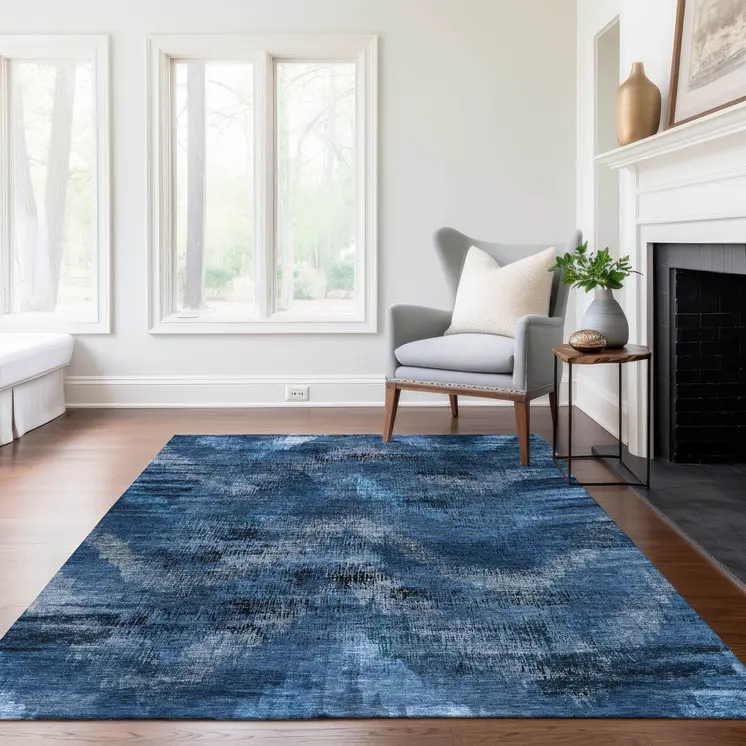 8' X 10' Navy Blue And Sky Blue Abstract Washable Indoor Outdoor Area Rug