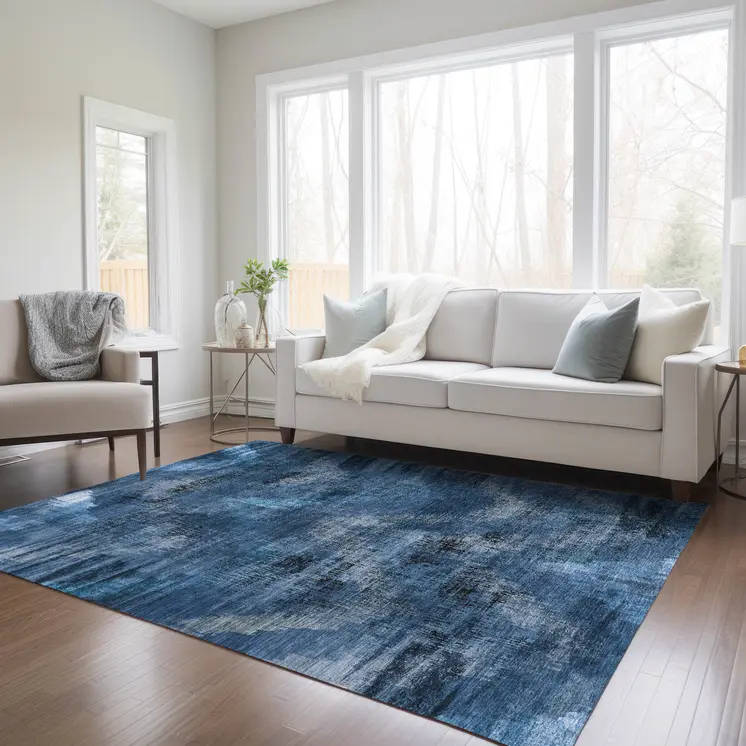 9' X 12' Navy Blue And Sky Blue Abstract Washable Indoor Outdoor Area Rug