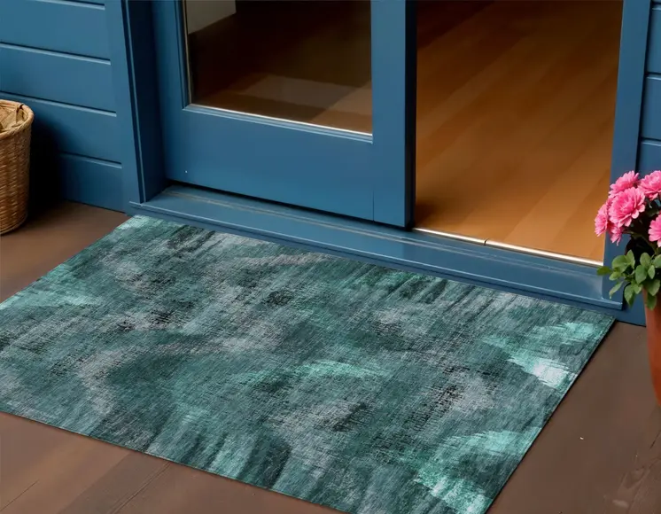 3' X 5' Fern Green And Emerald Abstract Washable Indoor Outdoor Area Rug