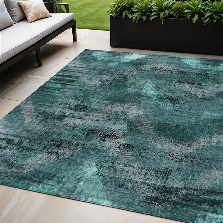 5' X 8' Fern Green And Emerald Abstract Washable Indoor Outdoor Area Rug