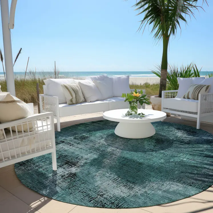 8' Fern Green And Emerald Round Abstract Washable Indoor Outdoor Area Rug