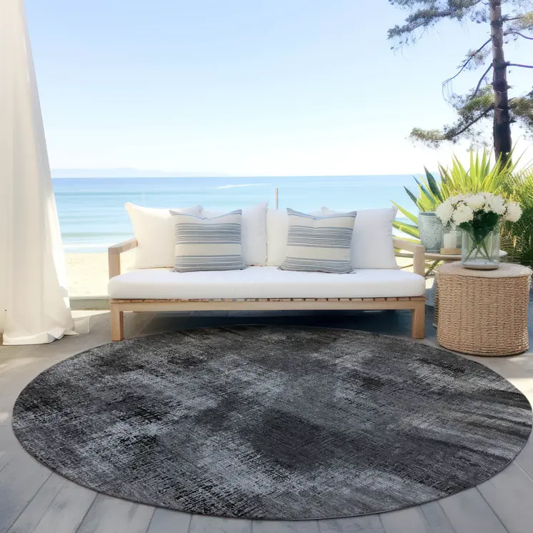 8' Gray Charcoal And Silver Round Abstract Washable Indoor Outdoor Area Rug