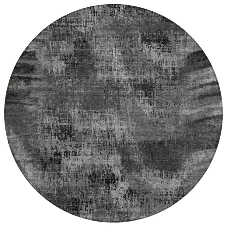 8' Gray Charcoal And Silver Round Abstract Washable Indoor Outdoor Area Rug