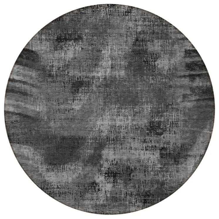 8' Gray Charcoal And Silver Round Abstract Washable Indoor Outdoor Area Rug