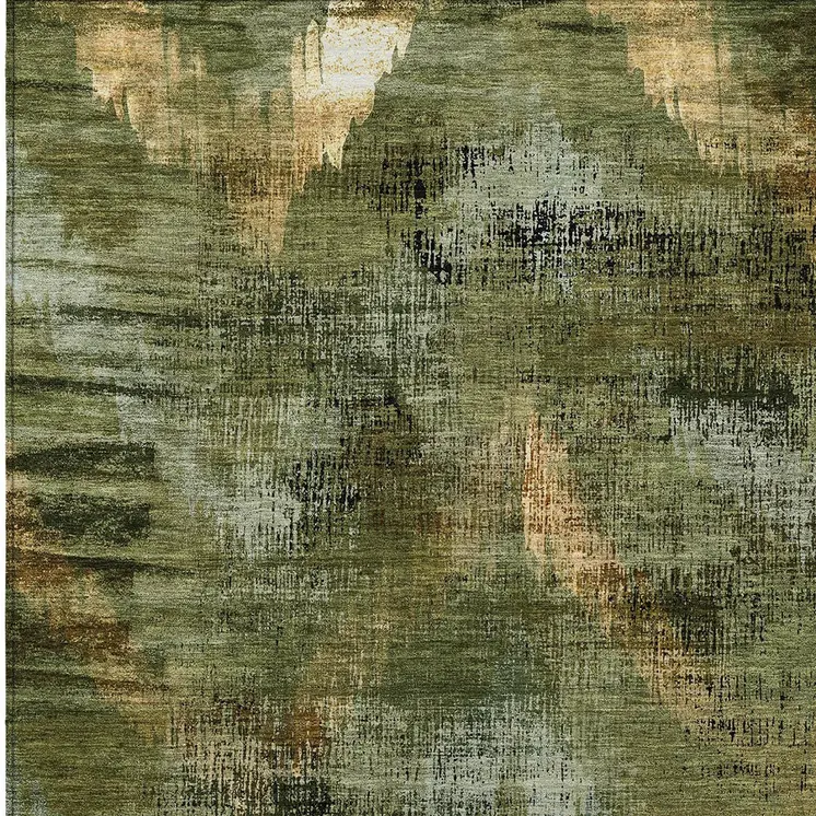 3' X 5' Olive Green And Gold Abstract Washable Indoor Outdoor Area Rug