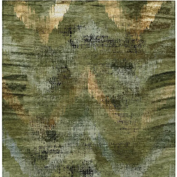 5' X 8' Olive Green And Gold Abstract Washable Indoor Outdoor Area Rug