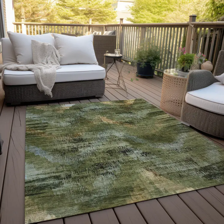 5' X 8' Olive Green And Gold Abstract Washable Indoor Outdoor Area Rug