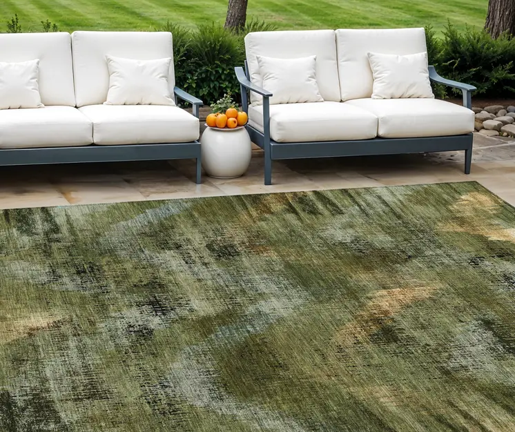 10' X 14' Olive Green And Gold Abstract Washable Indoor Outdoor Area Rug