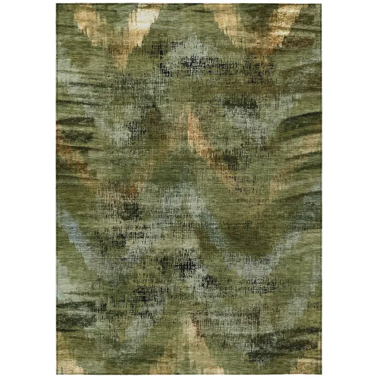10' X 14' Olive Green And Gold Abstract Washable Indoor Outdoor Area Rug