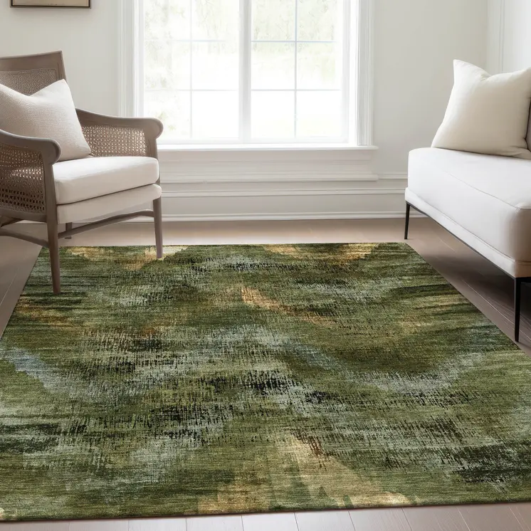 10' X 14' Olive Green And Gold Abstract Washable Indoor Outdoor Area Rug
