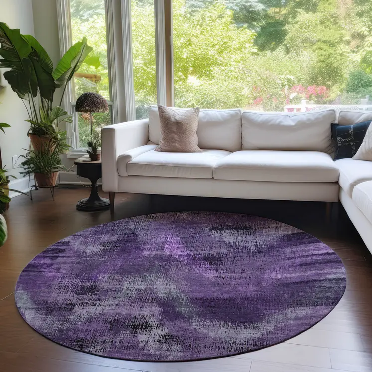 8' Purple Lavender And Gray Round Abstract Washable Indoor Outdoor Area Rug