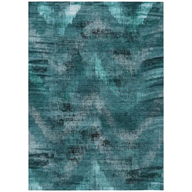 3' X 5' Teal Blue Aqua And Gray Abstract Washable Indoor Outdoor Area Rug