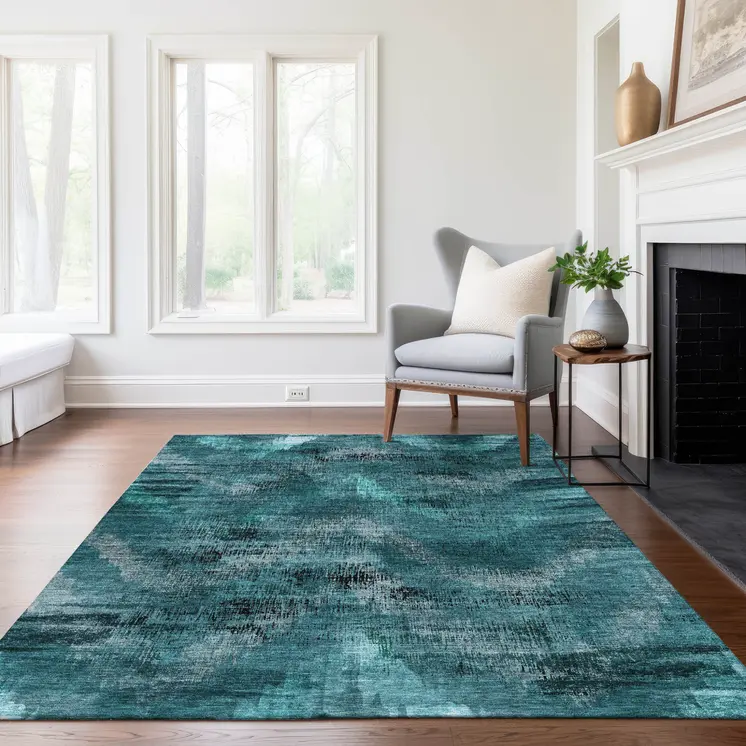 3' X 5' Teal Blue Aqua And Gray Abstract Washable Indoor Outdoor Area Rug