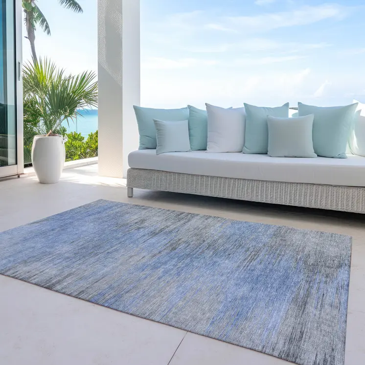 3' X 5' Denim Blue And Sky Blue Abstract Washable Indoor Outdoor Area Rug
