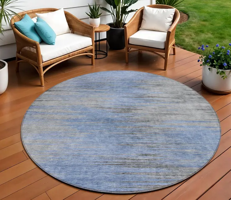 8' Denim Blue And Sky Blue Round Abstract Washable Indoor Outdoor Area Rug