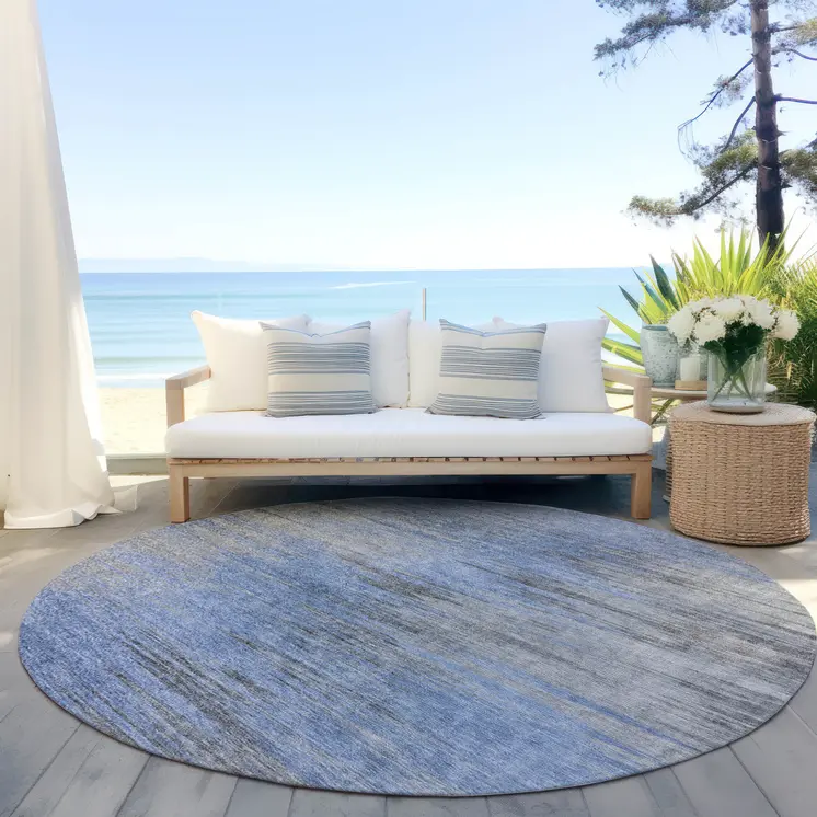 8' Denim Blue And Sky Blue Round Abstract Washable Indoor Outdoor Area Rug