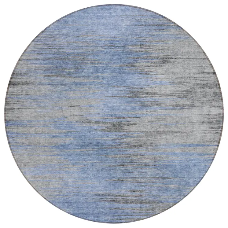 8' Denim Blue And Sky Blue Round Abstract Washable Indoor Outdoor Area Rug