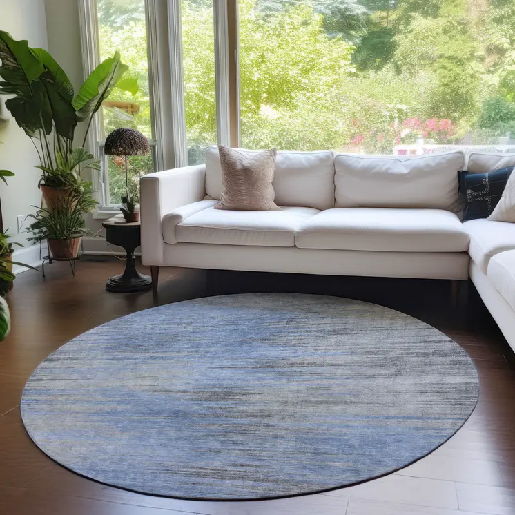 8' Denim Blue And Sky Blue Round Abstract Washable Indoor Outdoor Area Rug