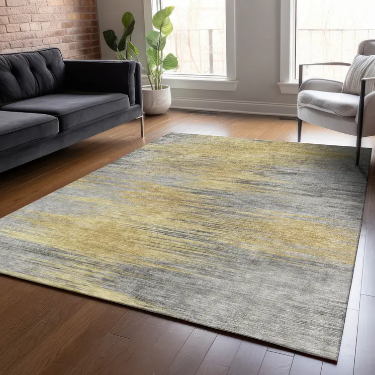 3' X 5' Gold Gray And Charcoal Abstract Washable Indoor Outdoor Area Rug