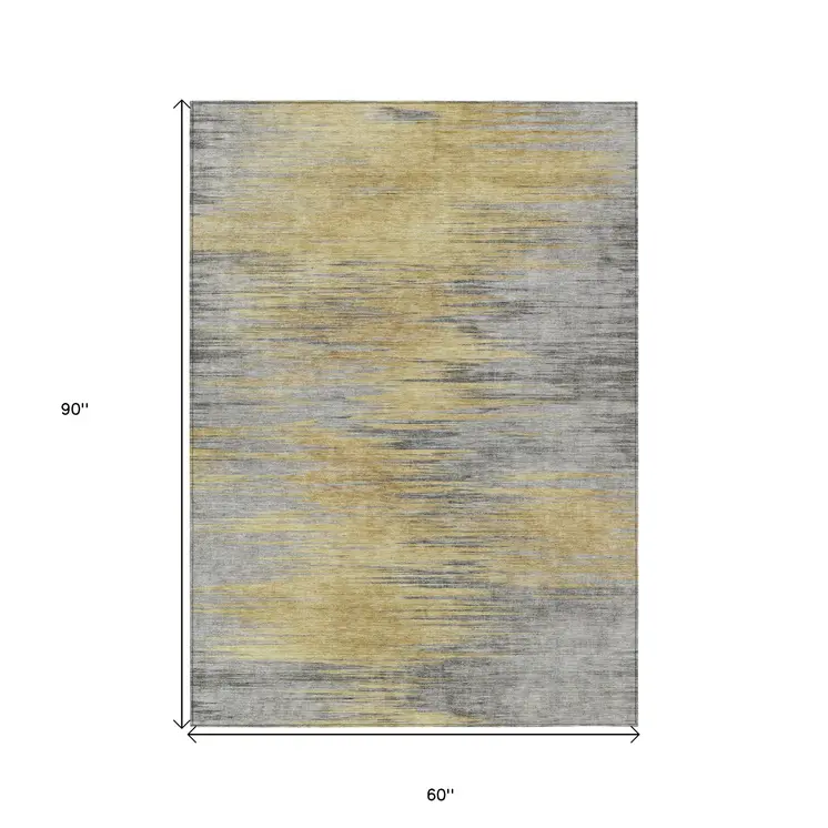 5' X 8' Gold Gray And Charcoal Abstract Washable Indoor Outdoor Area Rug