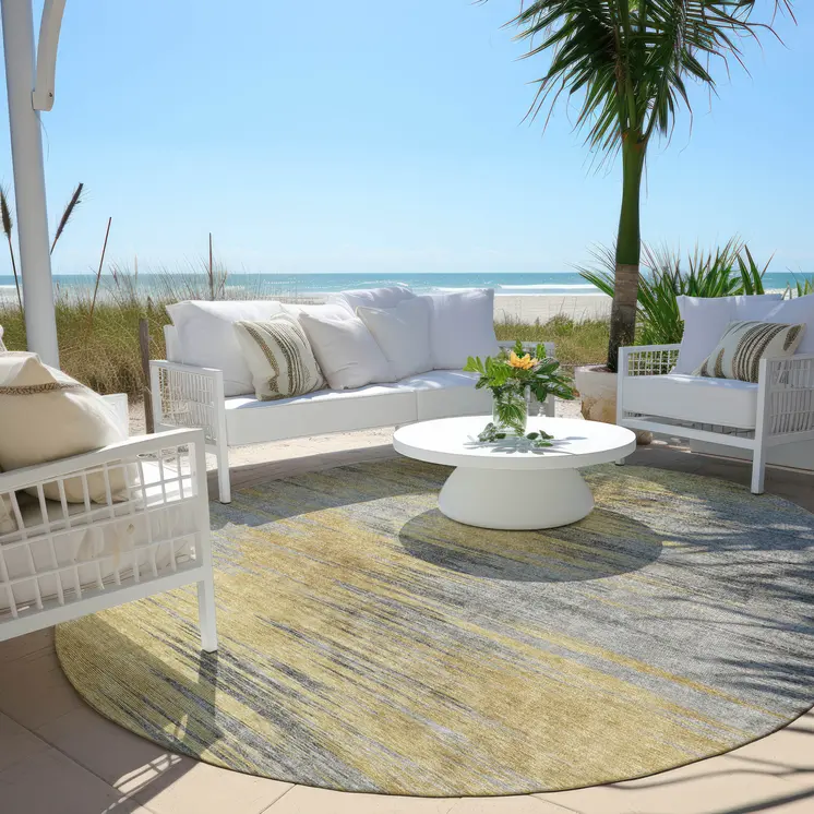 8' Gold Gray And Charcoal Round Abstract Washable Indoor Outdoor Area Rug