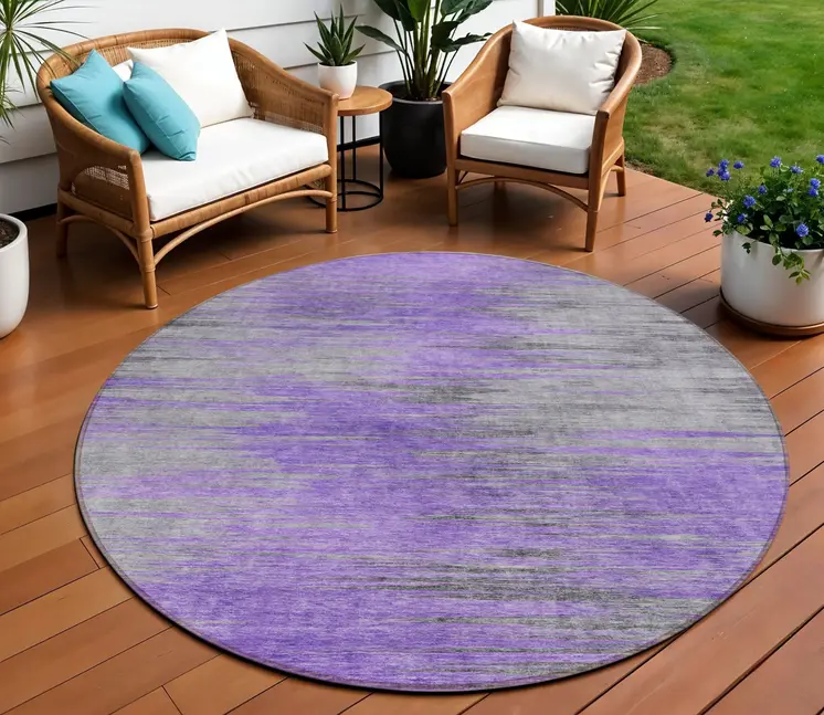 8' Purple Gray And Charcoal Round Abstract Washable Indoor Outdoor Area Rug