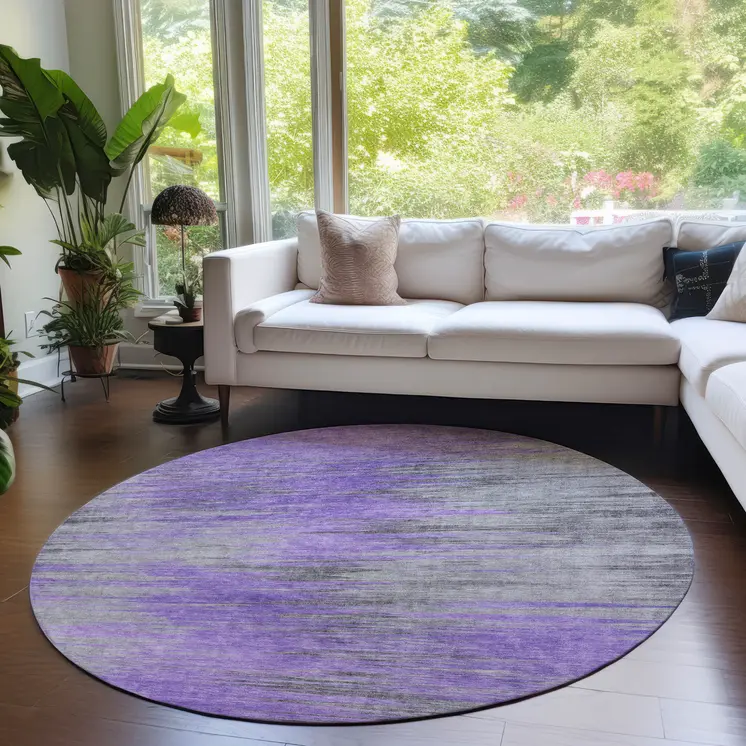 8' Purple Gray And Charcoal Round Abstract Washable Indoor Outdoor Area Rug