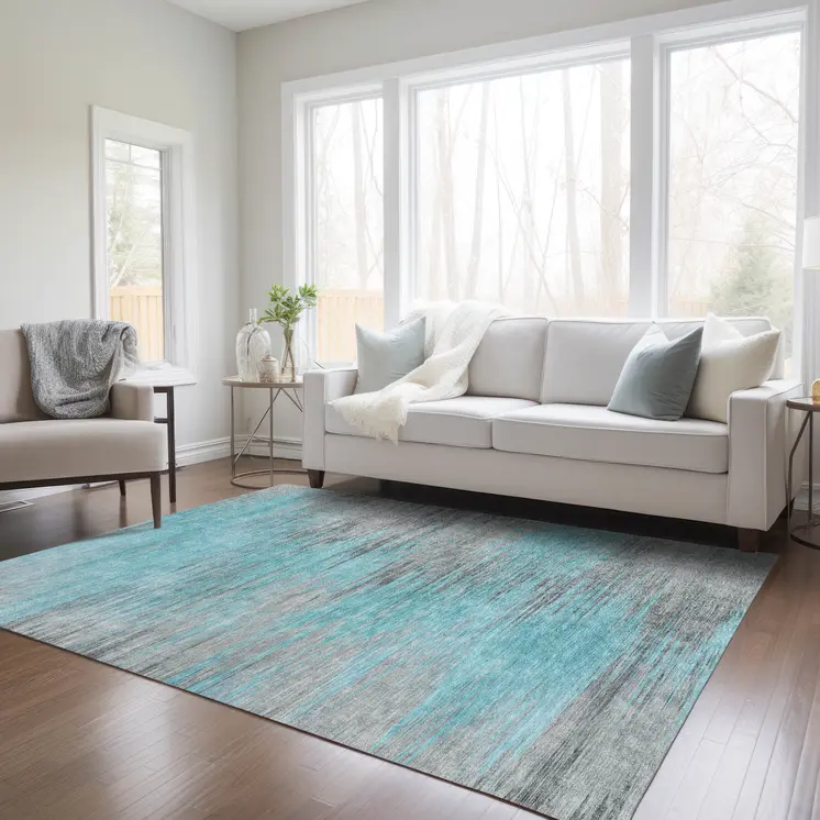 3' X 5' Teal Blue Charcoal And Gray Abstract Washable Indoor Outdoor Area Rug