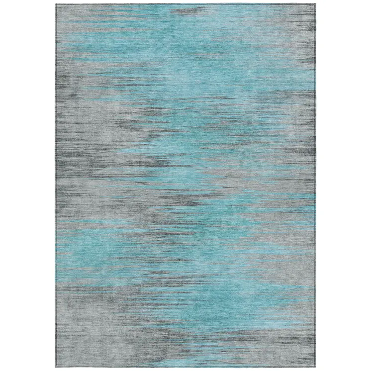 5' X 8' Teal Blue Charcoal And Gray Abstract Washable Indoor Outdoor Area Rug