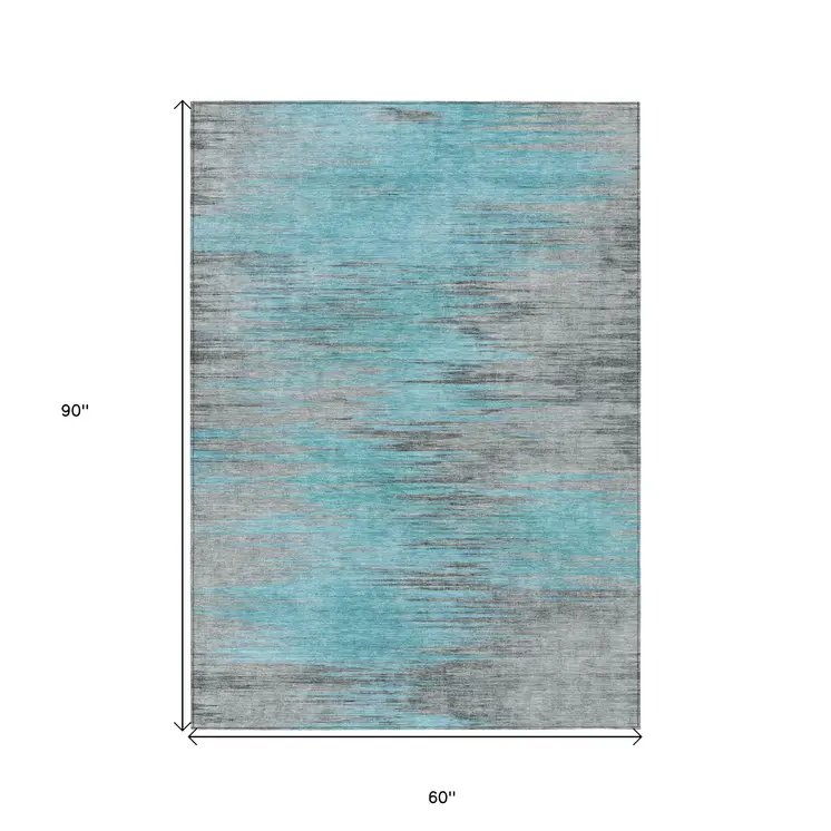 5' X 8' Teal Blue Charcoal And Gray Abstract Washable Indoor Outdoor Area Rug